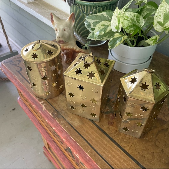 Set of 3 brass star votive or candle holders or small lanterns - Picture 2 of 3